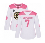 Women's Boston Bruins #7 Phil Esposito Authentic White Pink Fashion 2019 Stanley Cup Final Bound Hockey Jersey
