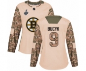 Women's Boston Bruins #9 Johnny Bucyk Authentic Camo Veterans Day Practice 2019 Stanley Cup Final Bound Hockey Jersey