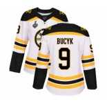 Women's Boston Bruins #9 Johnny Bucyk Authentic White Away 2019 Stanley Cup Final Bound Hockey Jersey