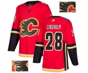 Calgary Flames #28 Elias Lindholm Authentic Red Fashion Gold Hockey Jersey