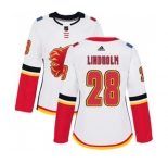 Women Calgary Flames #28 Elias Lindholm Authentic White Away Hockey Jersey