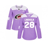 Women Adidas Carolina Hurricanes #28 Elias Lindholm Purple Authentic Fights Cancer Stitched NHL Jersey