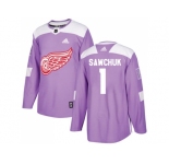 Men Adidas Detroit Red Wings #1 Terry Sawchuk Purple Authentic Fights Cancer Stitched NHL Jersey