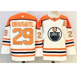 Men's Edmonton Oilers #29 Leon Draisaitl White Orange 2024-25 With A Patch Stitched Jersey