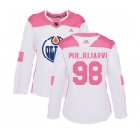 Women Adidas Edmonton Oilers #98 Jesse Puljujarvi Authentic White Pink Fashion NHL Jersey