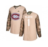 Men Adidas Montreal Canadiens #1 Jacques Plante Camo Authentic 2017 Veterans Day Stitched NHL Jersey