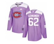 Men Adidas Montreal Canadiens #62 Artturi Lehkonen Purple Authentic Fights Cancer Stitched NHL Jersey