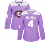 Women Adidas Montreal Canadiens #4 Jean Beliveau Authentic Purple Fights Cancer Practice NHL Jersey