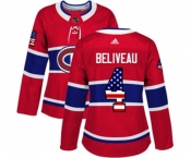 Women Adidas Montreal Canadiens #4 Jean Beliveau Authentic Red USA Flag Fashion NHL Jersey