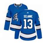 Women Adidas Winnipeg Jets #13 Teemu Selanne Premier Blue Alternate NHL Jersey
