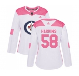 Women Adidas Winnipeg Jets #58 Jansen Harkins Authentic White Pink Fashion NHL Jersey