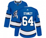 Women Adidas Winnipeg Jets #64 Logan Stanley Authentic Blue Alternate NHL Jersey