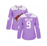 Women Adidas Phoenix Coyotes #9 Clayton Keller Purple Authentic Fights Cancer Stitched NHL Jersey