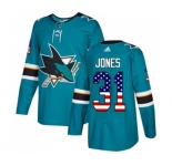 Adidas San Jose Sharks #31 Martin Jones Authentic Teal Green USA Flag Fashion NHL Jersey