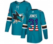 Adidas San Jose Sharks #31 Martin Jones Authentic Teal Green USA Flag Fashion NHL Jersey
