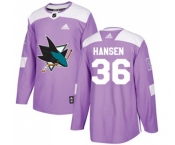 Adidas San Jose Sharks #36 Jannik Hansen Authentic Purple Fights Cancer Practice NHL Jersey