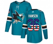 Adidas San Jose Sharks #36 Jannik Hansen Authentic Teal Green USA Flag Fashion NHL Jersey