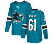Adidas San Jose Sharks #61 Justin Braun Authentic Teal Green Home NHL Jersey