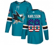 Adidas San Jose Sharks #68 Melker Karlsson Authentic Teal Green USA Flag Fashion NHL Jersey