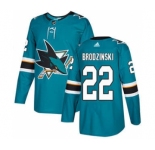 Men's Sharks #22 Jonny Brodzinski Teal Home Authentic Stitched Hockey Jersey