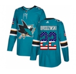 Men's Sharks #22 Jonny Brodzinski Teal Home Authentic USA Flag Stitched Hockey Jersey