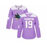 Women Adidas San Jose Sharks #19 Joe Thornton Purple Authentic Fights Cancer Stitched NHL Jersey