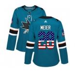 Women Adidas San Jose Sharks #28 Timo Meier Authentic Teal Green USA Flag Fashion NHL Jersey