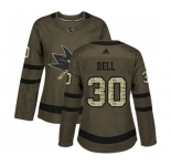 Women Adidas San Jose Sharks #30 Aaron Dell Authentic Green Salute to Service NHL Jersey