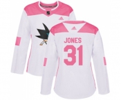 Women Adidas San Jose Sharks #31 Martin Jones Authentic White Pink Fashion NHL Jersey