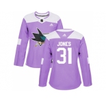 Women Adidas San Jose Sharks #31 Martin Jones Purple Authentic Fights Cancer Stitched NHL Jersey