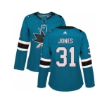 Women Adidas San Jose Sharks #31 Martin Jones Teal Home Authentic Stitched NHL Jersey