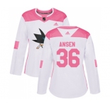 Women Adidas San Jose Sharks #36 Jannik Hansen Authentic White Pink Fashion NHL Jersey