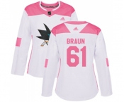 Women Adidas San Jose Sharks #61 Justin Braun Authentic White Pink Fashion NHL Jersey