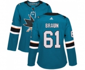 Women Adidas San Jose Sharks #61 Justin Braun Premier Teal Green Home NHL Jersey
