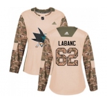 Women Adidas San Jose Sharks #62 Kevin Labanc Authentic Camo Veterans Day Practice NHL Jersey