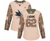 Women Adidas San Jose Sharks #62 Kevin Labanc Authentic Camo Veterans Day Practice NHL Jersey
