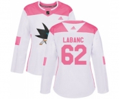 Women Adidas San Jose Sharks #62 Kevin Labanc Authentic White Pink Fashion NHL Jersey