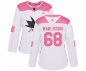 Women Adidas San Jose Sharks #68 Melker Karlsson Authentic White Pink Fashion NHL Jersey