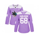 Women Adidas San Jose Sharks #68 Melker Karlsson Purple Authentic Fights Cancer Stitched NHL Jersey
