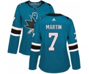 Women Adidas San Jose Sharks #7 Paul Martin Authentic Teal Green Home NHL Jersey