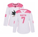Women Adidas San Jose Sharks #7 Paul Martin Authentic White Pink Fashion NHL Jersey
