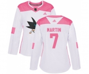 Women Adidas San Jose Sharks #7 Paul Martin Authentic White Pink Fashion NHL Jersey