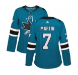 Women Adidas San Jose Sharks #7 Paul Martin Premier Teal Green Home NHL Jersey