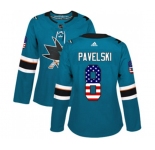 Women Adidas San Jose Sharks #8 Joe Pavelski Authentic Teal Green USA Flag Fashion NHL Jersey