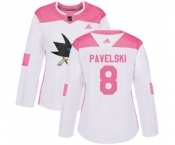 Women Adidas San Jose Sharks #8 Joe Pavelski Authentic White Pink Fashion NHL Jersey