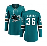 Women San Jose Sharks #36 Jannik Hansen Fanatics Branded Teal Green Home Breakaway NHL Jersey