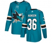 Youth Adidas San Jose Sharks #36 Jannik Hansen Premier Teal Green Home NHL Jersey