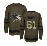 Youth Adidas San Jose Sharks #61 Justin Braun Authentic Green Salute to Service NHL Jersey