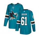 Youth Adidas San Jose Sharks #61 Justin Braun Authentic Teal Green Home NHL Jersey
