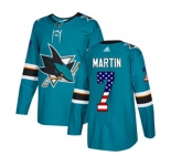 Youth Adidas San Jose Sharks #7 Paul Martin Authentic Teal Green USA Flag Fashion NHL Jersey